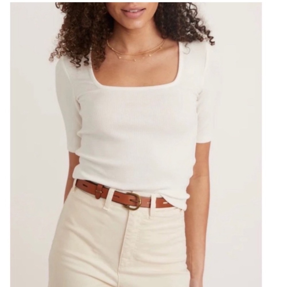 Marine Layer Minimalist Lexi Rib Knit Square Neck Top Large White Tencel Blend